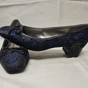 Bandolino Navy Blue Floral Jacquard Low Block Heel Flats